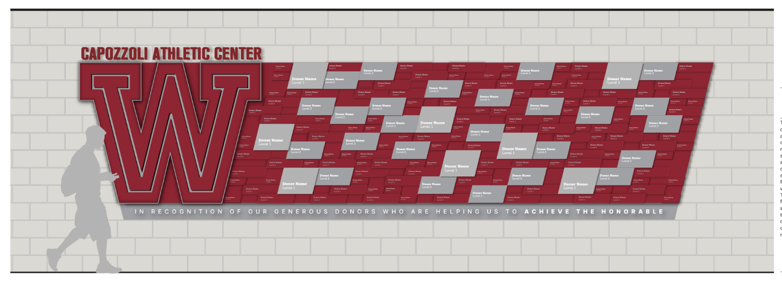 Image: Donors will be recognized throughout New Balance Performance Park and within the Capozzoli Athletic Center. Donations of $10,000 or more will be prominently featured on the main donor recognition wall in the lobby of the building. Your gift at this leadership level will inspire others to give at a similarly generous level.